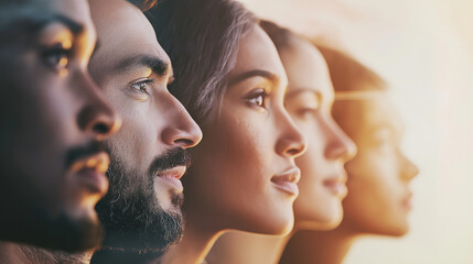 Fototapeta premium Diverse Gruppe Menschen verschiedener ethnischer Herkunft im modernen Setting. Multikulturelle Gemeinschaft zeigt Vielfalt und Inklusion. Authentische Porträts mit positiver Ausstrahlung