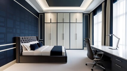 Modern bedroom featuring bold wallpaper and cozy lighting fixtures