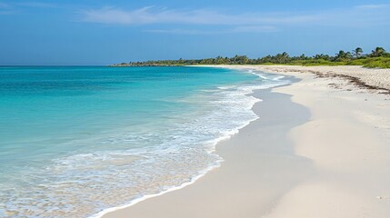 A pristine white sand beach with turquoise waters and a palm tree lined shore under a clear blue sky.