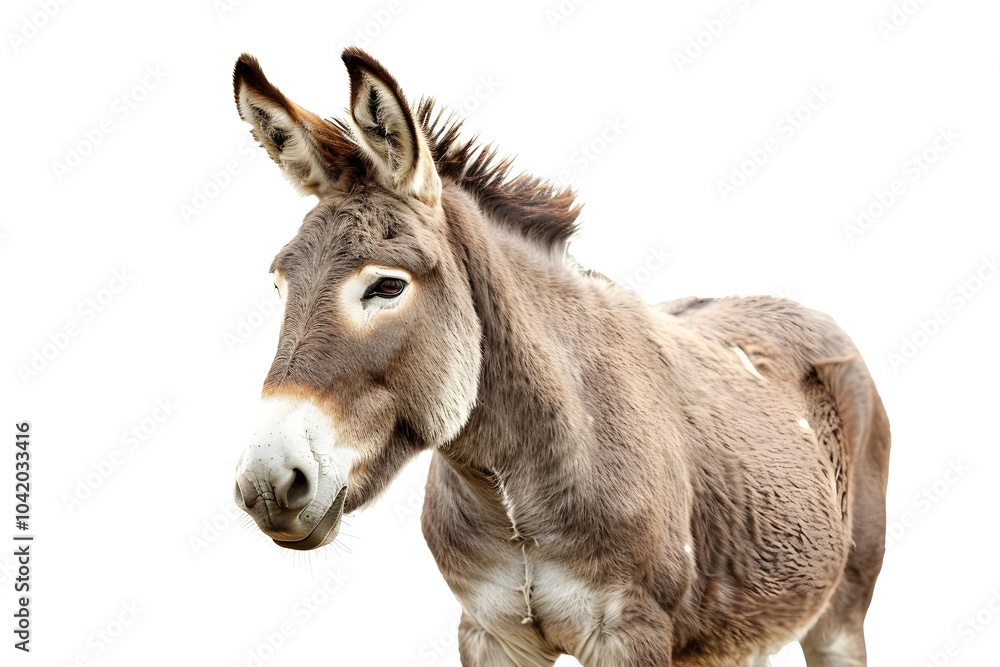 Poster A close-up of a donkey with a light background, showcasing its features and expression.