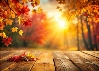 Naklejka na ściany i meble Stunning Autumn Scene with Rustic Wooden Table and Vibrant Foliage for Nature Lovers