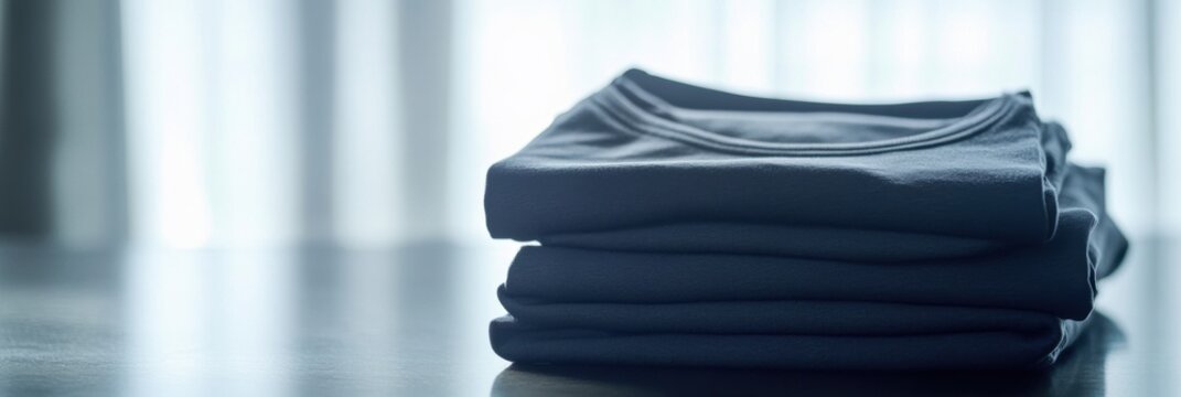 A stack of neatly folded minimalist sportswear rests on a smooth table, basking in the soft afternoon light from the nearby window. Generative AI