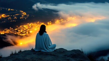 Fototapeta premium Jesus Christ sits on top mountain looking at city at night white clouds