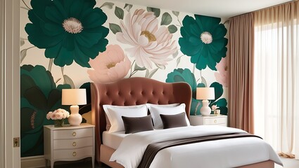Modern bedroom featuring bold wallpaper and refined contemporary design