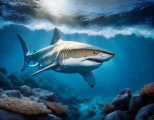 Fototapeta premium Tiburón blanco bajo el mar, Realista