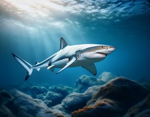 Fototapeta premium Tiburón blanco bajo el mar, Realista