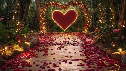 A romantic walkway with a large heart shaped archway, decorated with red rose petals and fairy lights.