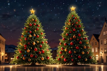 Obraz premium A beautifully decorated Christmas tree adorned with colorful ornaments, twinkling lights, and a shining star on top, creating a festive and cozy holiday atmosphere.