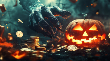 Naklejka premium Halloween background, concert stage, pumpkin, Illustration