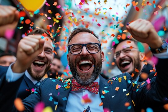 A group of jubilant men in suits is captured amidst falling confetti, celebrating an achievement or event in an outdoor setting with enthusiasm and cheer.