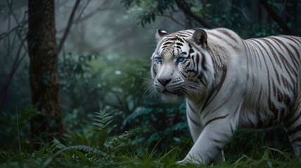 Naklejka premium A white tiger stalking through a dense and foggy forest. His pure white coat contrasts with a dark background and shadow