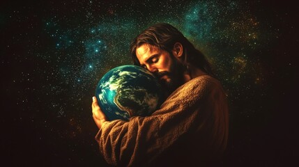 Jesus Christ hugging Earth background of universe galaxy