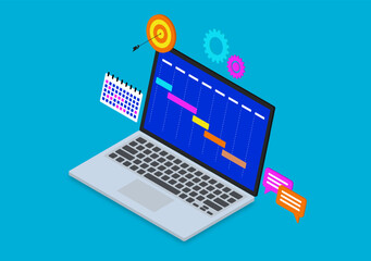 Project management software with laptop, calendar, bubble chat, gear and dart target isometric on blue background