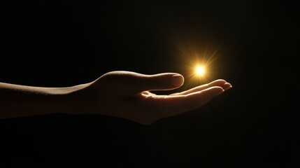 
A representative image of human creation of artificial intelligence (AI). A human hand holds a tiny glitter in its palm