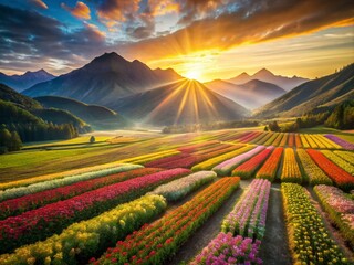 Stunning Drone Photography of a Vibrant Flower Field with Breathtaking Mountain Views for Nature Lovers and Travel