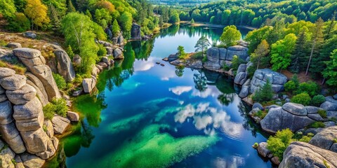 Stunning Drone Photography of a Serene Lake Surrounded by Lush Trees and Majestic Rocks in a Picturesque Natural