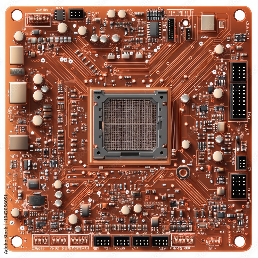 Poster close-up view of an intricate orange circuit board, showcasing its detailed components and connectio