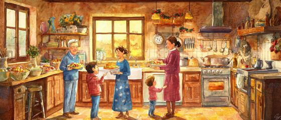 Fototapeta premium A warm family kitchen scene with two adults and three children engaged in cooking and serving, surrounded by vibrant decor and sunlight streaming through the window.
