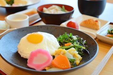 A vibrant Japanese breakfast spread featuring rice, vegetables, and a sunny-side-up egg