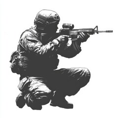 A male soldier in tactical gear aims a rifle while crouching, exuding determination and focus.
