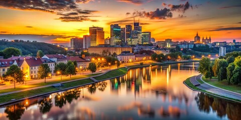 Fototapeta premium Stunning Dusk View Over Neris River to Snipiskes, New City Centre, Vilnius, Lithuania - High Depth of Field