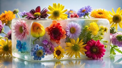 Colorful frozen floral arrangement in clear ice block