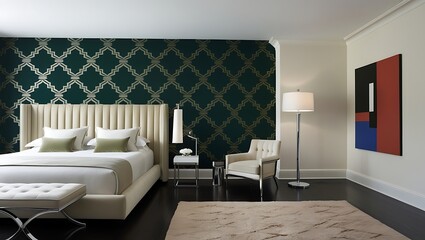 Fototapeta premium Modern bedroom featuring geometric wallpaper and sleek modern finishes