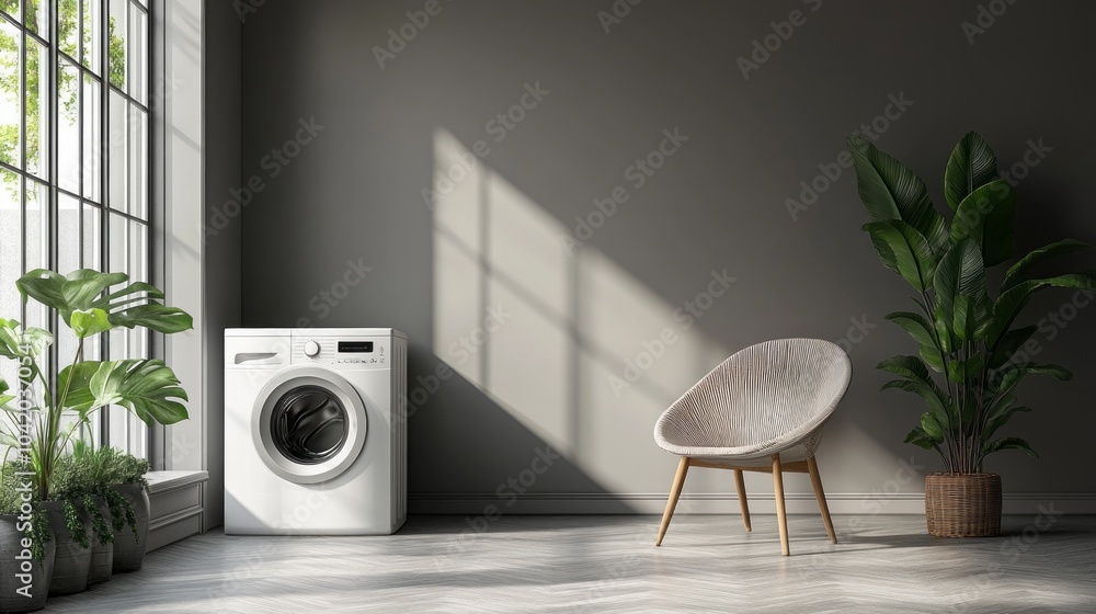 Poster a white washing machine sits in front of a window with a zebra print chair in th