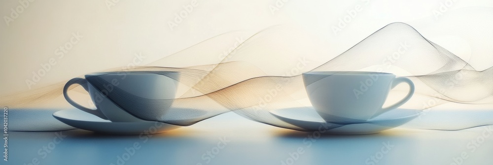 Poster Two abstract cups are positioned on a flat surface, intertwined with flowing fabric that creates a soft, artistic ambiance. Generative AI