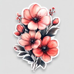 Beautiful illustration of vibrant pink flowers with detailed petals and dark centers against a soft gray background.