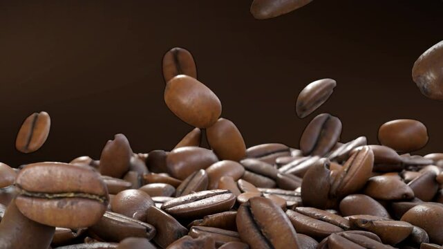 Close up detail of roast coffee beans falling down. Slow motion 3D animation 4K. Food and drinks idea concept.