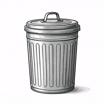 hand drawn sketch of a silver trash can on white background