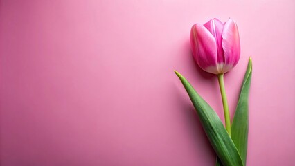 Pink tulip flower on pink background with green stem