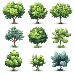 Fototapeta premium A vibrant collection of illustrated trees featuring diverse shapes and shades of green, perfect for nature-themed designs.