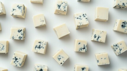 Cubes of blue cheese arranged neatly on a white surface