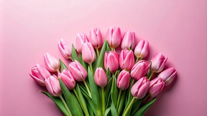 Obraz premium Pink tulips bouquet on pink background with copy space