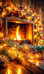 Fireplace Scene With Tinsel in a Festive Christmas Atmosphere with Warm Winter Cheer and Holiday Magic