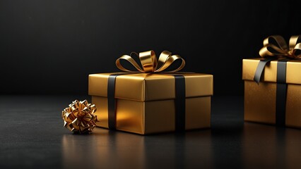 Free Photo Black Friday sale is a gold gift box and ballon with a black background	