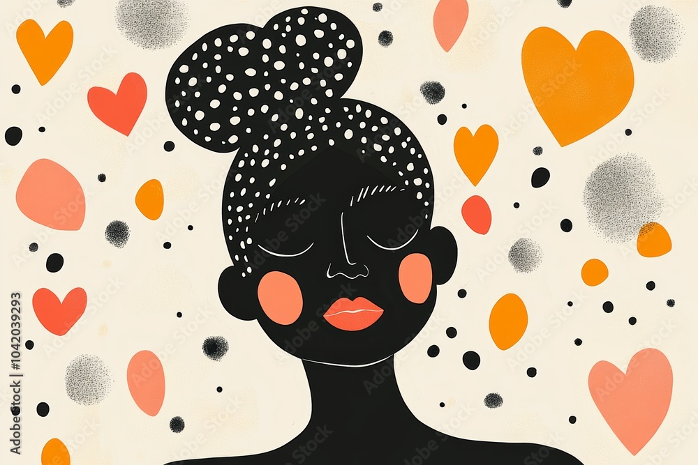 Poster a tranquil woman with a bun and minimal facial features is enveloped by colorful hearts and dots, cr