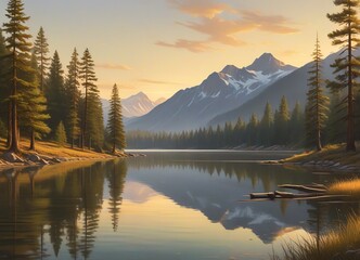 An image of pine trees and a serene lake with majestic mountains in the background