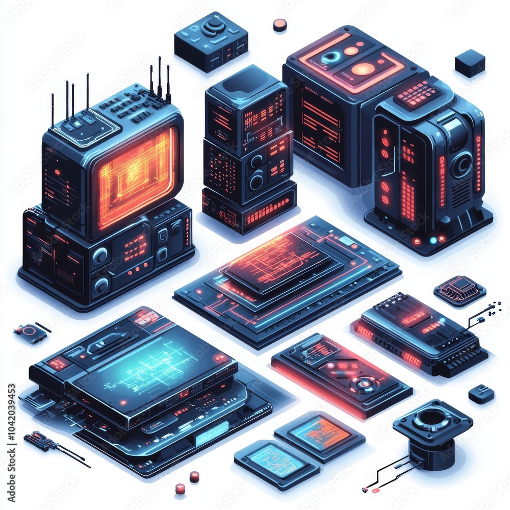 Poster futuristic tech layout featuring various cybernetic components and interfaces in dark tones with glo