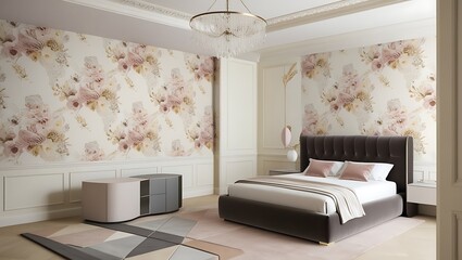 Modern bedroom showcasing bold wallpaper and luxurious furniture elements