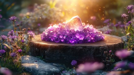 Radiant amethyst crystals surrounded by lush blossoms in a serene setting