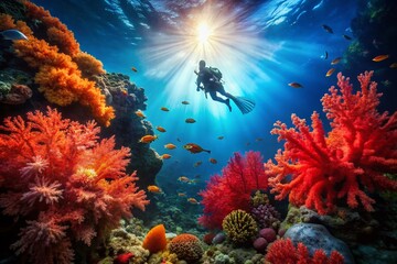 Obraz premium Stunning Low Light Photography of Scuba Diver Exploring Vibrant Coral Reef with Red Coral