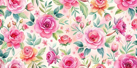 Pink watercolor floral background seamless pattern