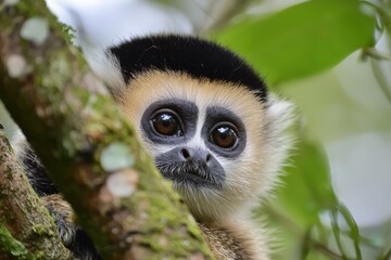 Obraz premium Curious gibbon peers from a branch in a lush jungle setting during daylight hours