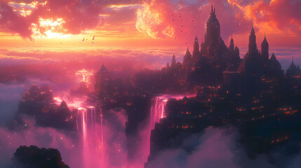 A breathtaking fantasy landscape with floating islands and cascading waterfalls