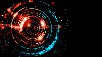 Digital blue and red tech circle on dark wallpaper background with copy space. Science, universe, futuristic digital technologies concept.

