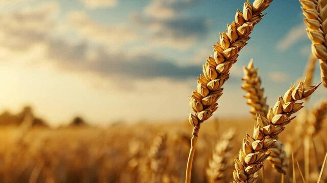 Golden Wheat Field at Sunset: A close-up shot of golden wheat stalks swaying gently in the warm light of the setting sun. The image evokes a sense of peace, abundance, and the beauty of nature. 
