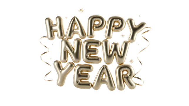Golden shiny happy new year text is in the shape of balloon isolated white background